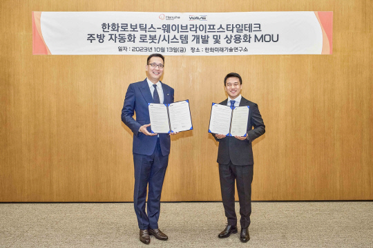 지난 13일 판교 한화미래기술연구소에서 주방 자동화 로봇 시스템 개발 및 상용화를 위한 업무 협약을 체결하고 김동선(왼쪽) 한화로보틱스 전략담당 임원과 김범진 웨이브라이프스타일테크 대표가 기념촬영을 하고 있다. 한화로보틱스 제공
